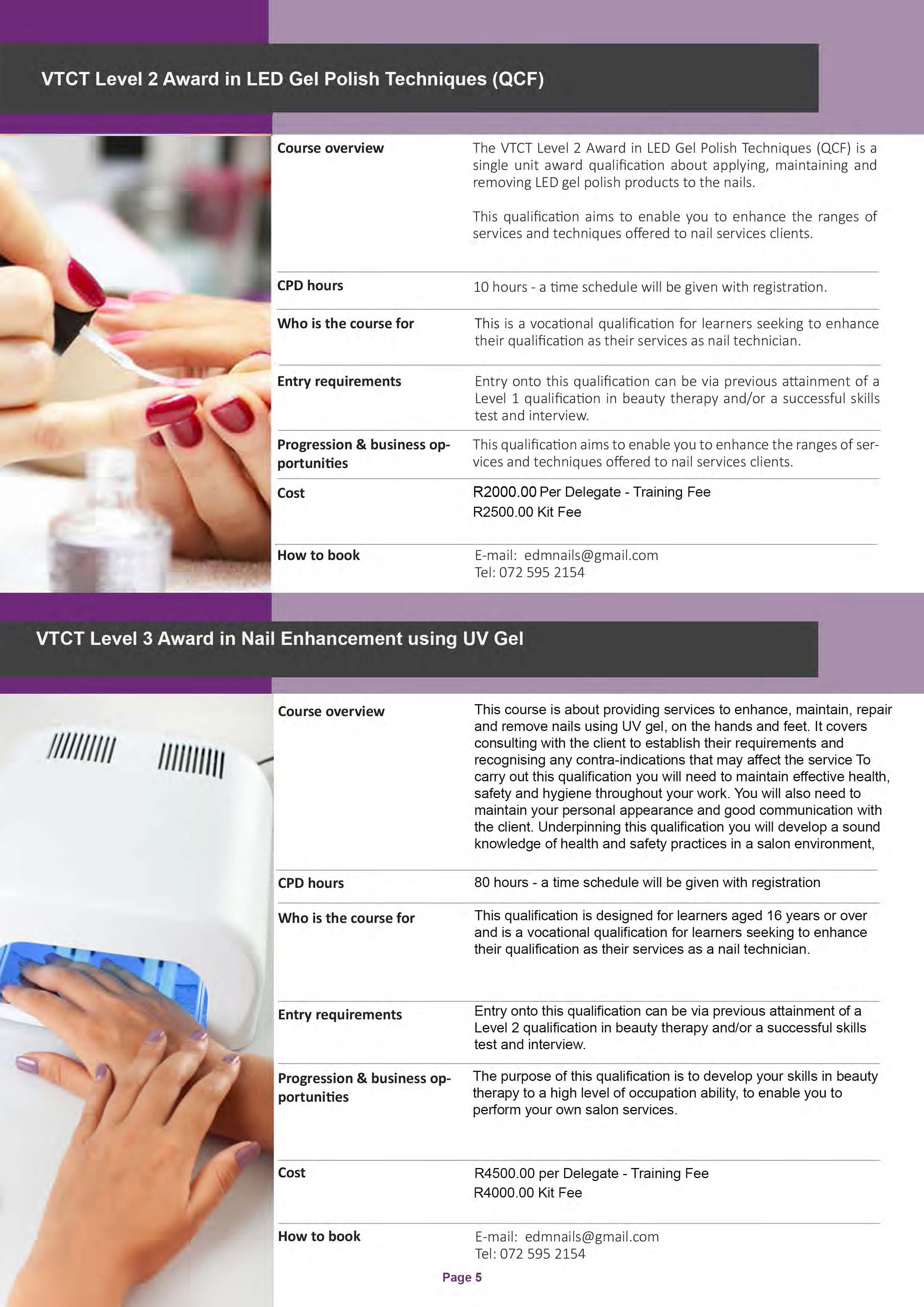 VTCT Level 2 Award in LED Gel Polish Techniques & VTCT Level 3 Award in Nail Enhancement using UV Gel